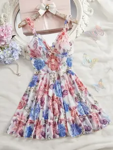 AgeRose Women's Elegant Floral Print Nightdress, V-Neck Ruffle Trim Spaghetti Strap Sleepwear, Soft Slim-Fit for All Seasons