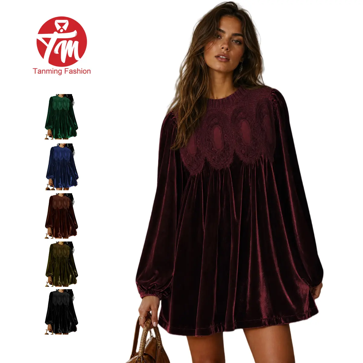 Tanming Women's Chic A-Line Velvet Lace Overall Pleated Babydoll Mini Dress Casual Scallop Neck Flared Swing Dress