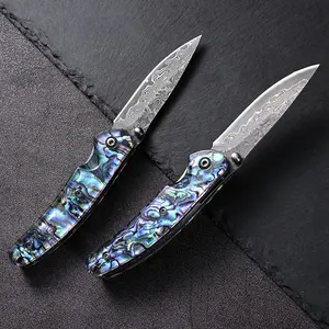 Damascus Steel Folding Pocket Knife Natural Abalone Shell Handle Ball Bearing EDC Utility Knife for Collection Gift Daily Carry