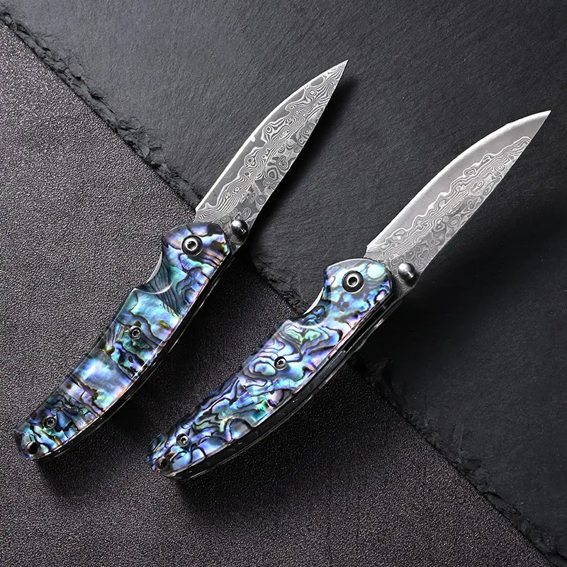 Damascus Steel Folding Pocket Knife Natural Abalone Shell Handle Ball Bearing EDC Utility Knife for Collection Gift Daily Carry