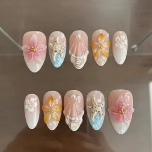Summer Ocean Nails, Tropical Beach Press On Nails, Theme Reusable Nail with Seashells Nail Art Kit Nail Box