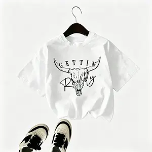 Aesthetic Western Bull Skull Graphic T-Shirt | Premium 100% Cotton Heavyweight Loose Fit Tee | Vintage 'Gettin Rowdy' Country Style Apparel | Retro Summer Short Sleeve Top | Soft Breathable Casual Southern Vibes Gift