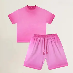 ACTCITY Women's Vintage Dirty Washed Set, Oversized Gradient Color T-Shirt and Shorts, Cotton Coordinated Outfit for Street Style Daily Wear