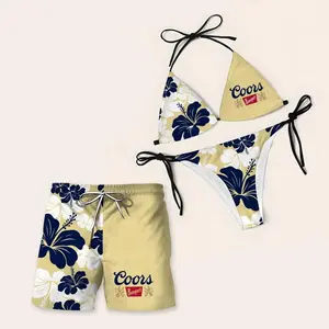 Coors Swimsuits For Couples - Swim Bra & Tie Side Thong Bikini + Men's Beach Shorts, Summer Vacation Swimsuit, Hawaiian Short tiktokshopspringglowup