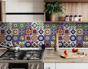 360 Stand Easy-Remove Coastal Mediterra Blue Celestial Mosaic Peel & Stick Tiles Stickers, 7x7 in, 24 Pieces, Wall Decor for Kitchen & Home Rooms, Decorative, Removable