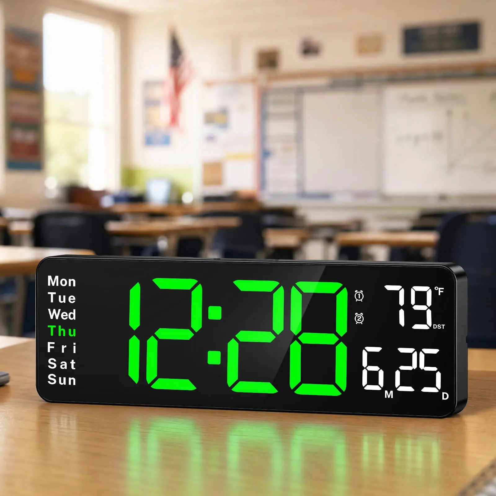 13" Digital Wall Clock for Classroom Large LED Display with Remote Control, Date Week Temp, Dual Alarms DST, Sleep Mode & Countdown Timer, Plug-in Powered for Bedroom Gym Office