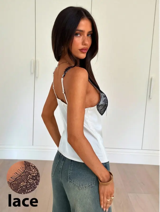 Siren Gaze Women's Lace-Trimmed V-Neck Camisole,Satin Sleeveless Top For Summer,Elegant White And Black Fashionable Base Layer For Night Out, Cute