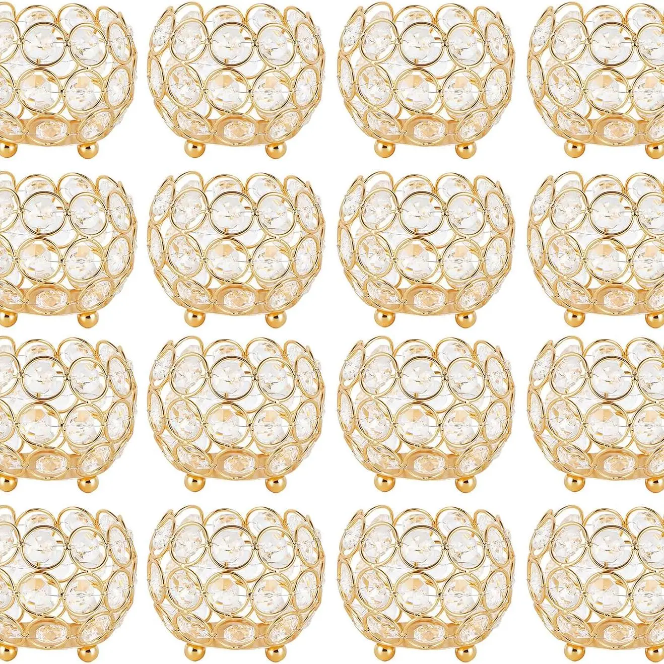 NoEnName_Null 16-Piece Crystal Tealight Holders for Wedding Centerpieces Gold Votive Candle Holders for Party Decorations Dining Table Decor 3.15 Inches Diameter Hollow-Carved Design