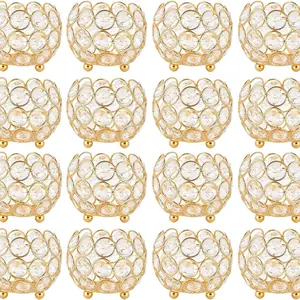 NoEnName_Null 16-Piece Crystal Tealight Holders for Wedding Centerpieces Gold Votive Candle Holders for Party Decorations Dining Table Decor 3.15 Inches Diameter Hollow-Carved Design