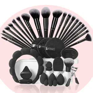 40PCS Makeup Tools Set:20PCS Makeup Brush Set,6PCS Makeup Sponges,3PCS Triangle Powder Puffs,3PCS Mini Air Cushion Powder Puffs,3PCS Facial Cleansing Sponges,1pc Hairband,1pc Eyelash Curler,1pc Powder Brush,2PCS Makeup Brush Cleaning Tools