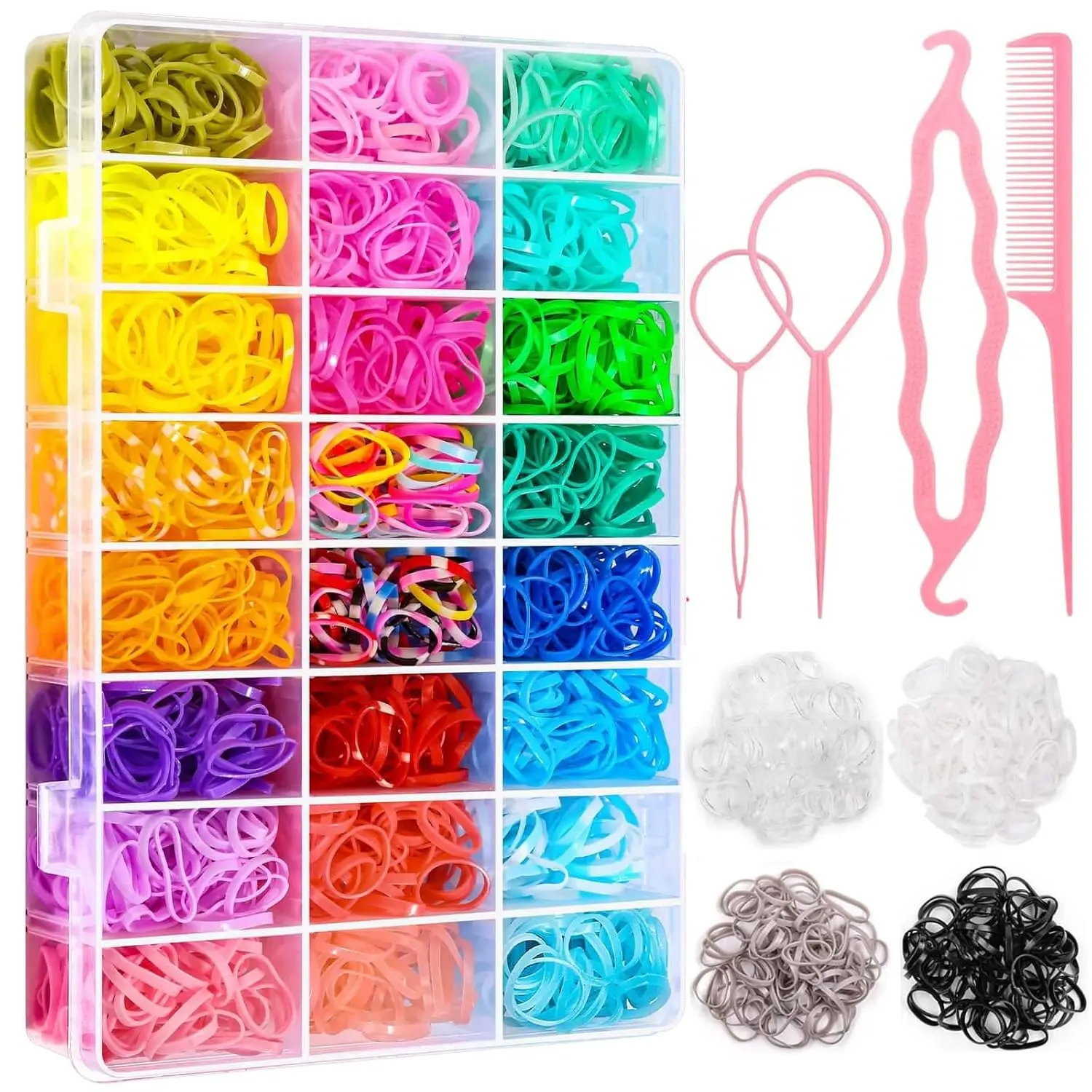 28-Color Synthetic Hair Rubber Bands Set (3000 Count) with Organized Box, Elastic Ties, French Braid Tool, Rat Tail Comb for Children’s Hair Styling, Elasticity for Everyday Outfits