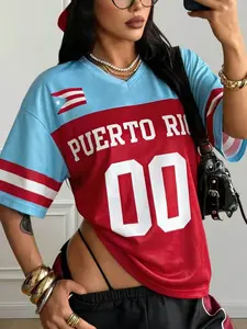 Women's New V Neck Casual Sporty T-Shirt, Puerto Rico Letter Pattern, Loose Short Sleeve, All Seasons, Perfect Gift, Urban & Home Wear, Athletic Tee Shirts