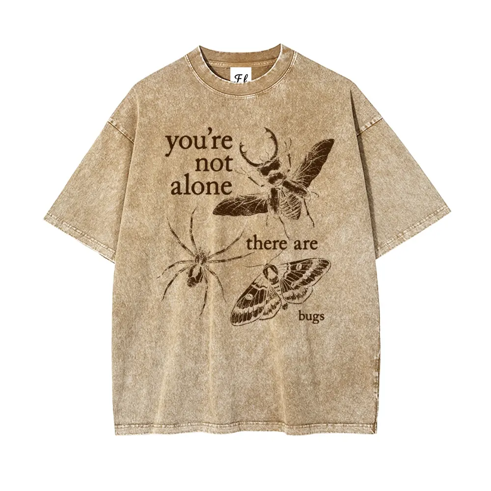 Unisex Vintage Acid Wash Oversized T Shirt for Women Men, You're Not Alone There Are Bugs Spider Moth Stag Beetle Retro Sketch Graphic Short Sleeve Tee, Weirdcore Cottagecore Whimsical Bug Lover Stone Washed Cotton Top