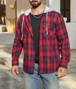 Men's Vintage Plaid Buttoned Long Sleeve Hoodie Jacket with Drawstring Hood & Chest Pocket for Spring & Autumn Commuter Travel - Casual