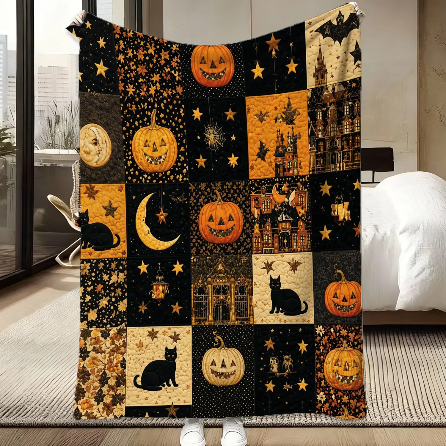 Soft Funny Throw Blanket 280Gsm, 1pc Ultra-Soft Warm Flannel Blanket, Suitable for Camping, Sofa, Bed, And Office - Cozy Patchwork Bedspread with Pumpkin And Black Cat Castle Pattern, All-Season Indoor/Outdoor Throw Blanket, Modern Home Bedding Gift
