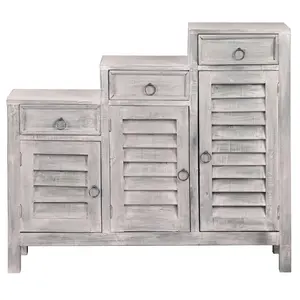 Sunset Trading Cottage Three Tiered Shutter Cabinet | Distressed Light Gray Solid Wood | Fully Assembled Accent Storage Shelf Console
