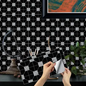 6/12/24/48 PCS FG Vintage Tile Stickers - Black & White Geometric Diamond PVC Crystal Film DIY Splashback Waterproof Oil-proof for Kitchen Bathroom Floor Tile Wood Home Decor