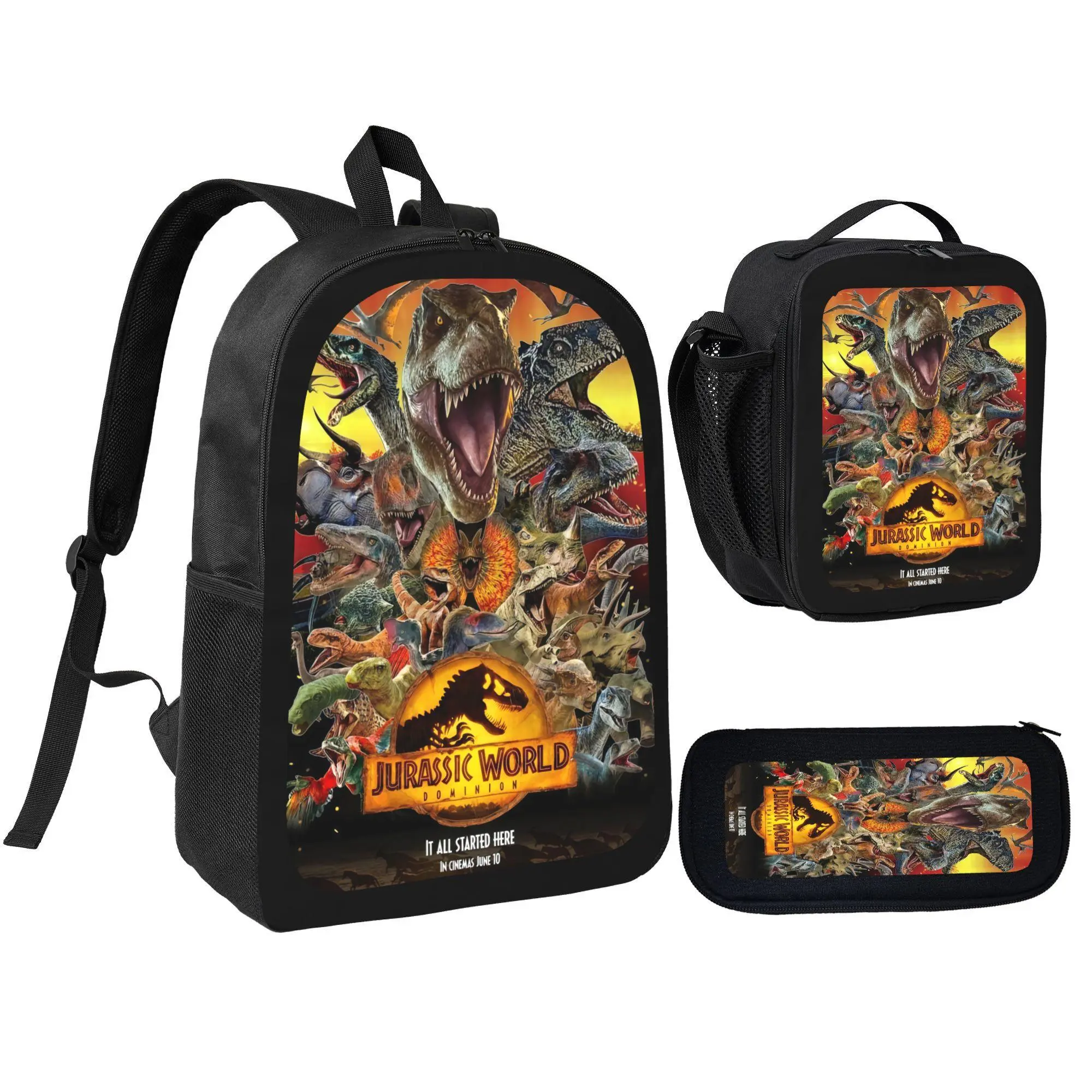 Jurassic Park Dinosaur World Print 3 In 1 Backpack Set Polyester Large Capacity Bookbag With Lunch Bag And Pencil Case Lightweight Travel Daypack Dinosaur Fan Gift