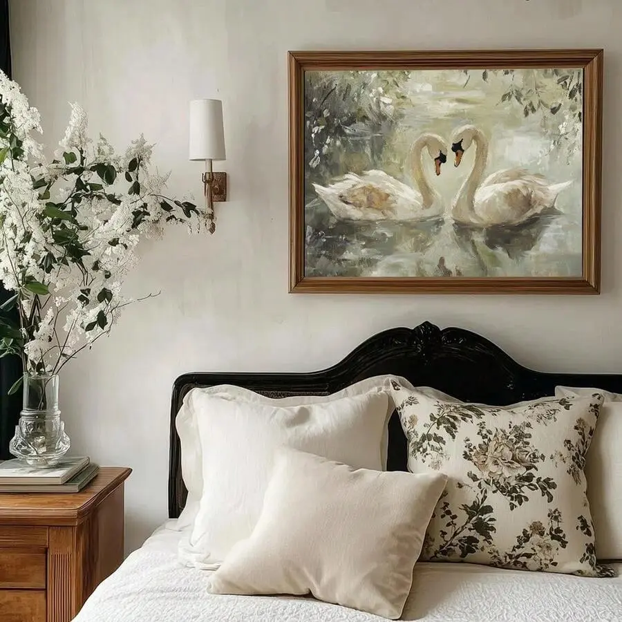 1pc Unframed Vintage Swan Lake Landscape Poster, Romantic Love Wall Art Canvas, Minimalist Farmhouse Decor Vintage Painting, Suitable For Couples, Lovers, Apartment, Living Room, Bedroom, Modern Home Decor