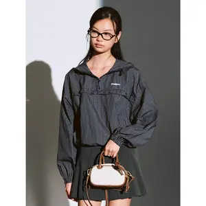 URBAN REVIVO 2026 Spring New Women's Stretchy Cotton-Polyester Hooded Sweatshirt - Long Sleeve Tops, Plaid Embroidered Lace Trim Medium-Length Clothes with Pocket & Bag UYU260027