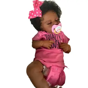 19 Inch Real Life Look Baby Reborn Doll Black Skin Soft Cloth Girl Doll Children's Play Companion for 3+ Years Old Cozy Bedtime Buddy with Curly Hair Tiny Blue Veins