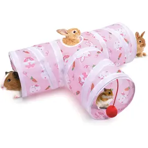 Rabbit Tunnel, 9.8'' Collapsible Bunny Tunnel and Tube 3 Ways Pet Hideout with 1 Play Ball for Indoor Kittens Dwarf Rabbits Bunnies Guinea Pigs Chinchillas Small Animal Activity Fun Toys (Pink) COLLAPSIBLE BUNNY TUNNEL HIDEOUT