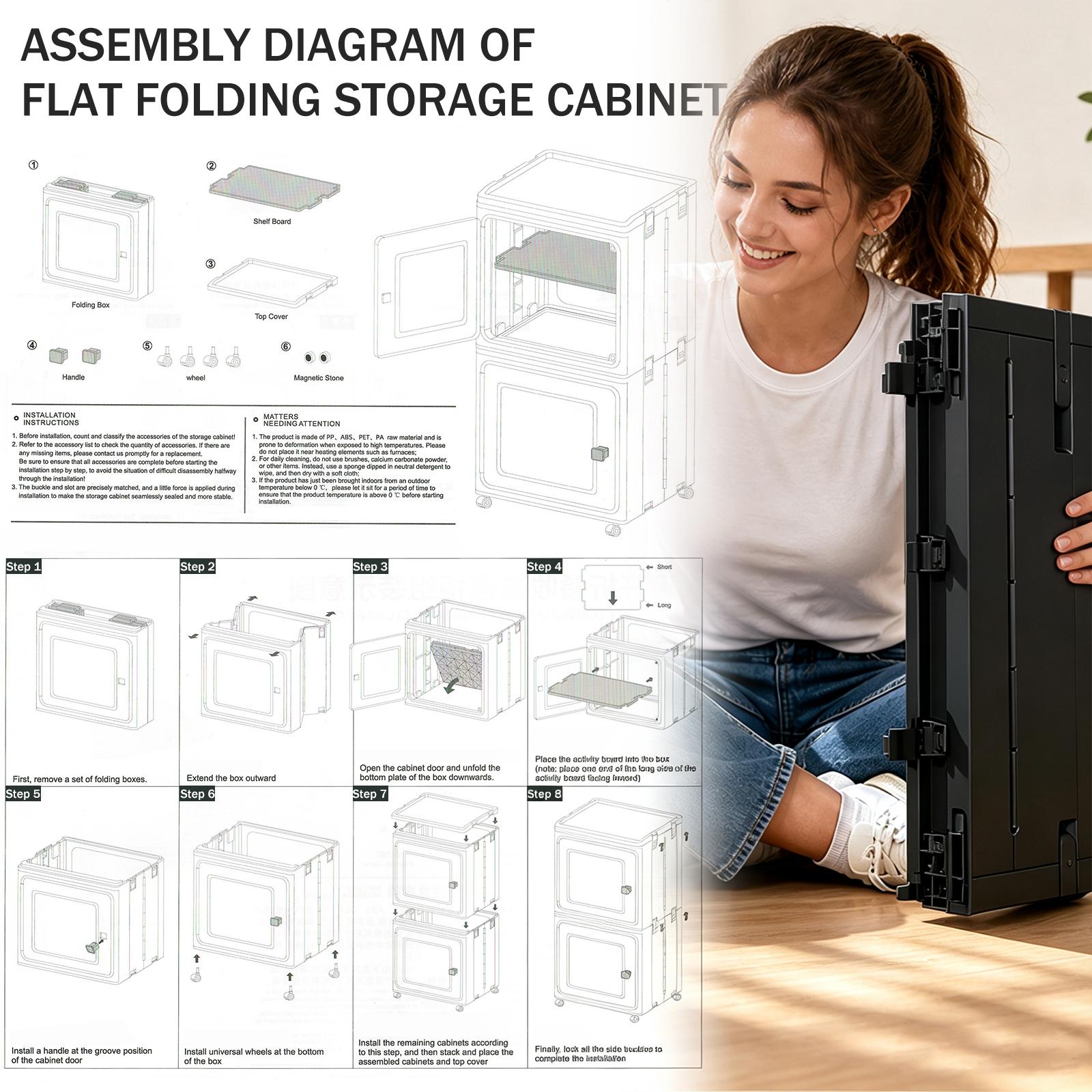 Slim Narrow Foldable Storage Cabinet, Magnetic Transparent Door Tall Organizer with Rolling Lockable Casters, Adjustable Layer Plastic Cabinet for Kitchen Gaps, Bathroom & Laundry Room Home Storage