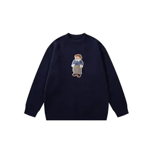 Men’s vintage cartoon bear embroidered sweater, casual fashion round-neck knitwear, trendy all-season pullover for men
