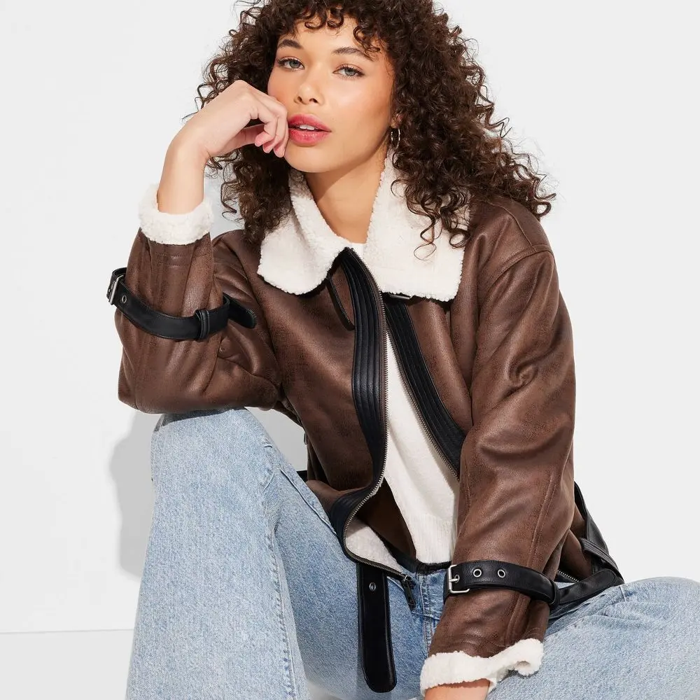Women's Faux Shearling Aviator Jacket - Wild Fable Brown XS