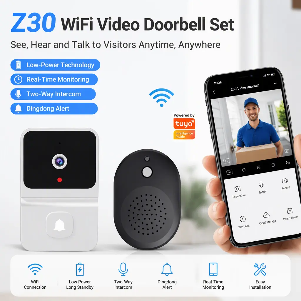 Tuya Z30 Smart WiFi Video Doorbell Intercom, Low‑Power Consumption, Dingdong Doorbell Set, Remote Viewing Through Mobile Phone