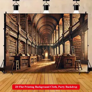 2D Flat Printing Backdrop Banner 1pc, Grand Library With Old Books Vibrant Polyester Background Cloth for Family Party, Wedding, Birthday, Christmas, Thanksgiving, Fall, Entryway, Room Decorations, Easy to Set Up, Reusable