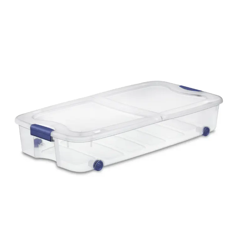 66 Qt Latching Underbed Wheeled Storage Bin - Clear Plastic Container with Blue Latch Lid for Home Organization
