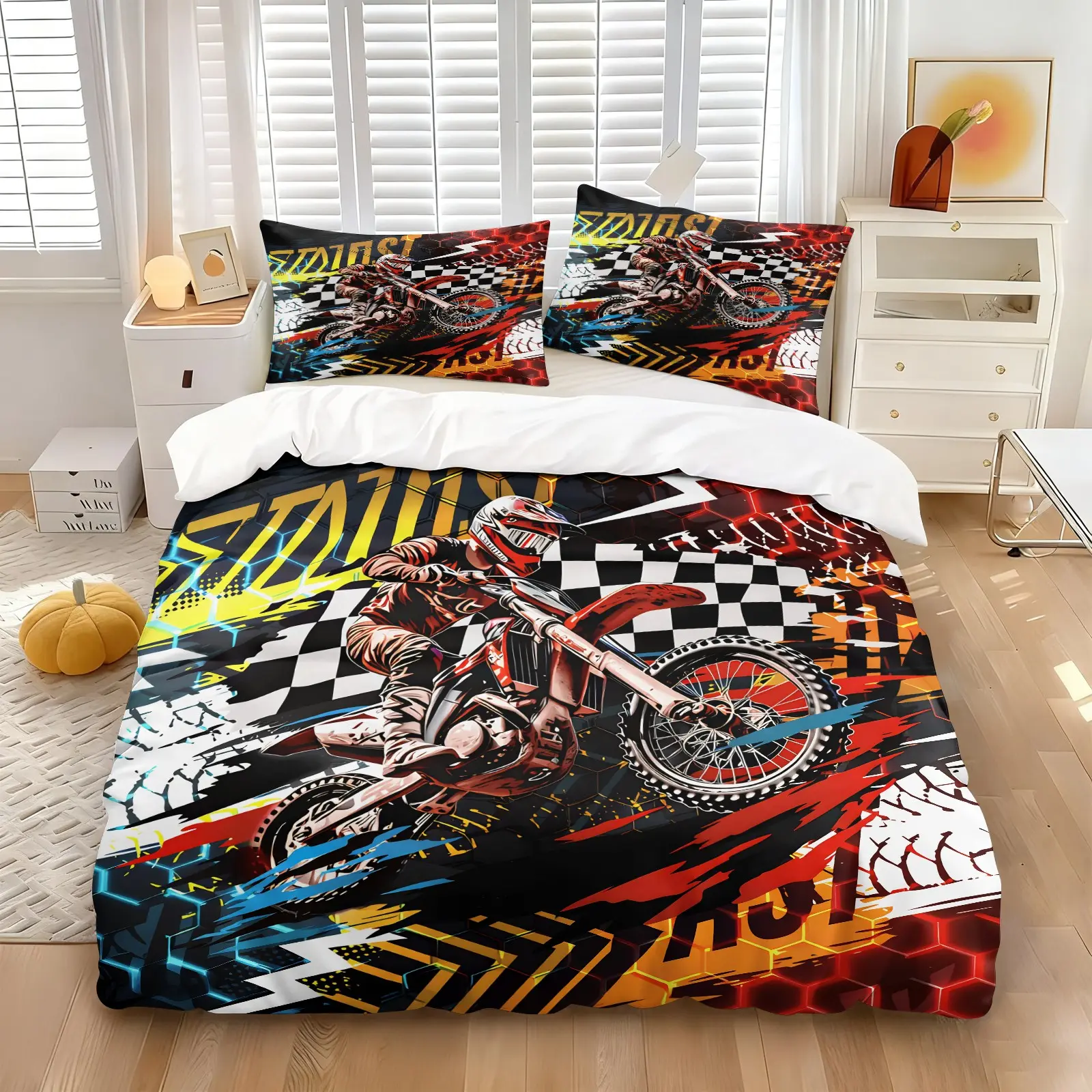 2/3 Pcs Dirt Bike Print Duvet Cover Set, Cool Motocross Themed Bedding Set, Motorcycle Bedding, Soft Durable with Zipper Closure, Bold Digital Print, Great for Teen Bedroom, Dorm, Motocross Enthusiast Room Decor - No Filling