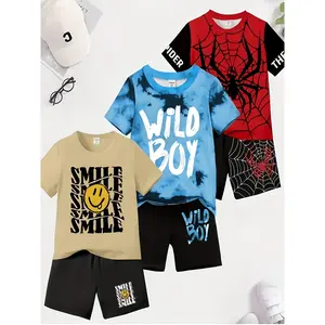(New)Boys' 6pcs 3-set digital print cool casual short-sleeved T-shirt and shorts set with round neck - spring/summer, casual style, regular version, very suitable for outdoor clothing,