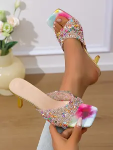 Women's New Fashion Sequin High Heel Sandals, Summer One-Step Slip-On Stiletto Shoes, Perfect for Parties and Events