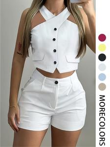 two-piece set women's solid crop top & shorts, casual fashion top & shorts for daily outdoor wear, office siren outfits, ladies summer outfits set, sleeveless womenswear, matching sets, clothes, fitted
