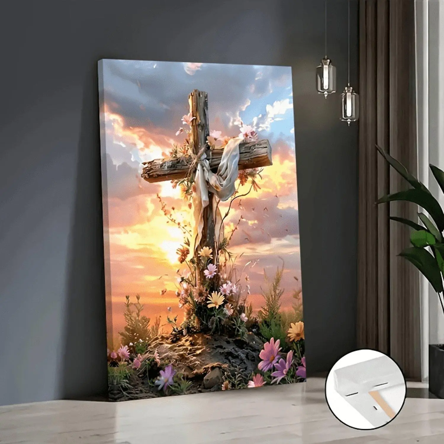2D Flat Framed Floral Cross Suitable for Easter and Mothers Day Wall Arts with Wrap Around Frame for Church Brightly Colored Holiday 2D Flat