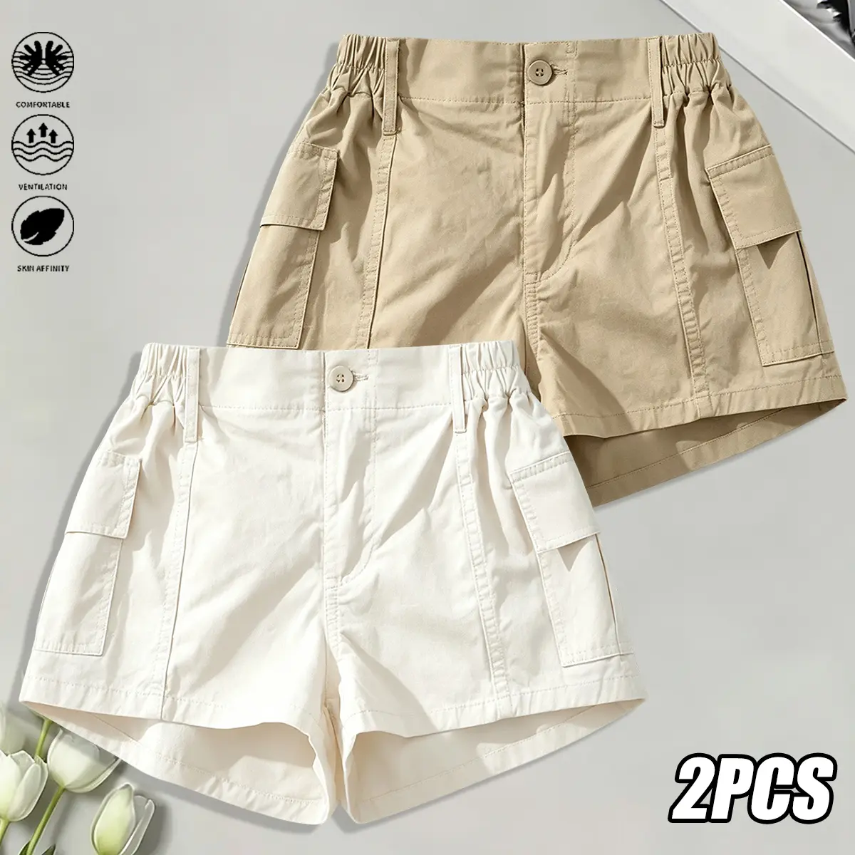 2-piece set, women’s casual cargo shorts, solid color design, practical shorts for everyday summer wear, women’s summer apparel, women’s shorts