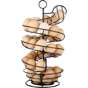 Black Metal Spiral Design Countertop Egg Skelter Dispenser Rack with Storage Basket for Fresh Egg Storage and Easter Egg Display