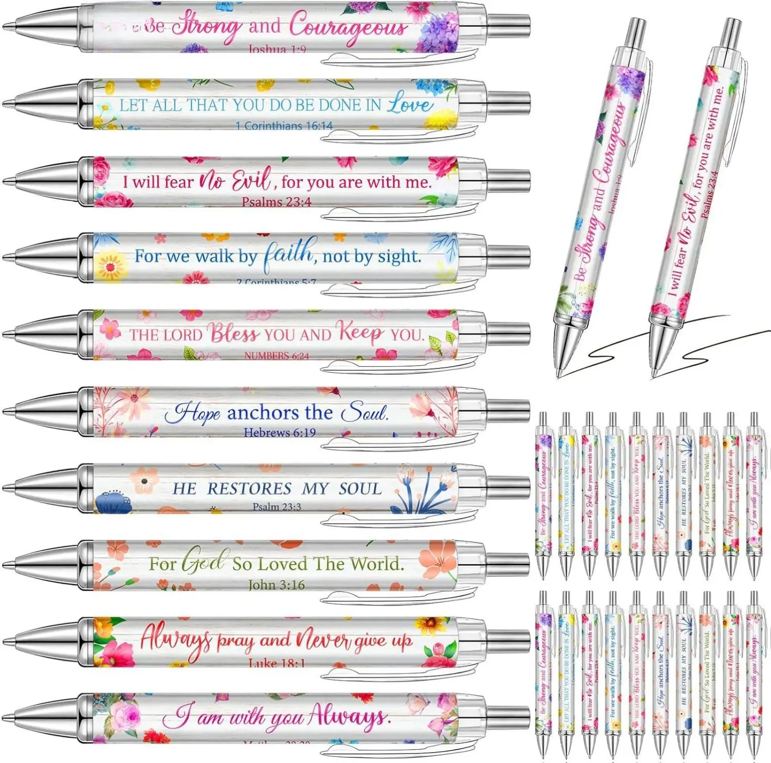 Flower Print Retractable Bible Verse Ballpoint Pens, Christian Inspirational Quote Office Stationery, Thoughtful Gift for Colleagues