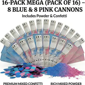 Pack of 4–16 Gender Reveal Confetti Cannons – Blue & Pink Powder + Confetti Popper Kit | Biodegradable Smoke Powder Cannons for Baby Shower, Party, Wedding, Celebration (AddsFly Rocks Bundles)