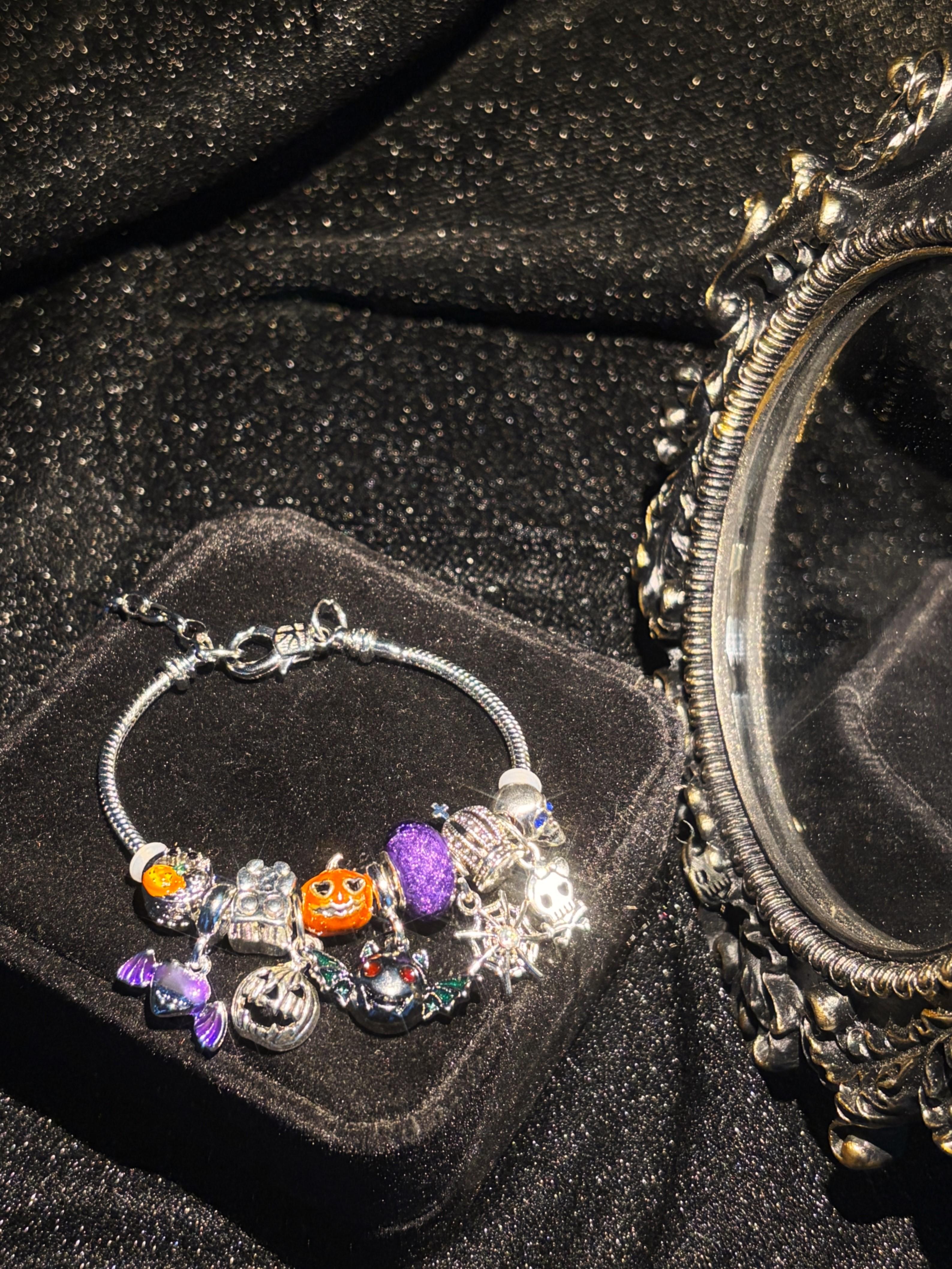 Silver Stackable Enamel Snake Chain Bracelet with Halloween Multi-Charm Decor - Pumpkin, Spider Web, Bat, Skull - Fashion Costume Jewelry Gift for Holiday Silver Stackable Enamel Snake Chain Bracelet with Halloween Multi-Charm Decor - Pumpkin, Spider Web, Bat, Skull - Fashion Costume Jewelry Gift for Holiday