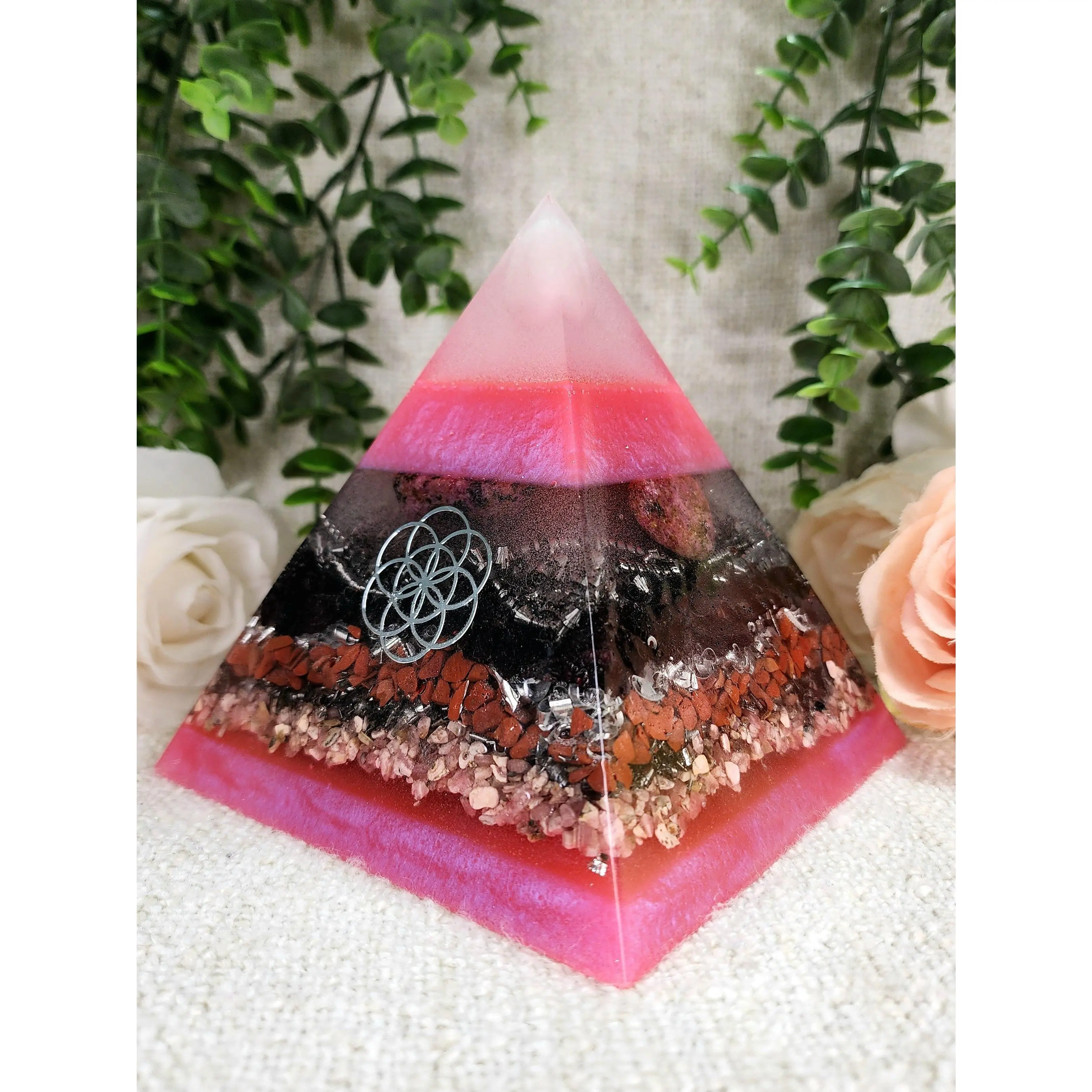 INANNA - The Love Collection Orgonite Pyramid - EMF Protector - Rose Quartz, Rhodonite, Garnet, Red Jasper, Rhodochrosite, Stainless Steel and Aluminum Metal