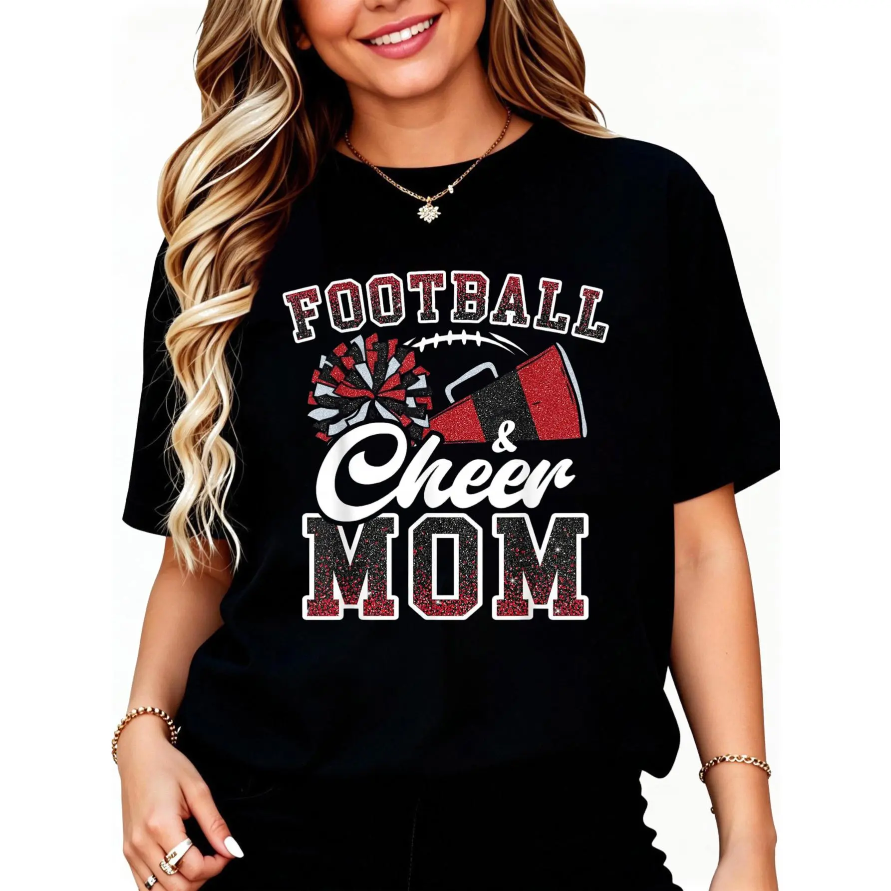 Loud Proud Football and Cheer Mom Cheerleader Mom Mama Red T-Shirt Unisex Cotton Clothing Streetwear