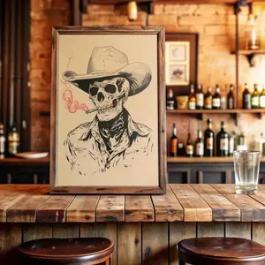 Skull Cowboy Print Wall Art, Artistic, Vintage Western Decor for Day of the Dead Memorial, Rustic Home Decor for Living Room Bedroom, Unframed Artwork, Frameless, Halloween, Decoration