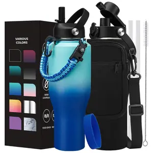 40oz Insulated Tumbler with Paracord Handle - 32/40OZ Metal Water Bottle with Straw & Pop-up Chug Lid, Carrying Case, Skinny Leak-proof Stainless Steel Tumbler Coffee Cup Fits in Car Cup Holder