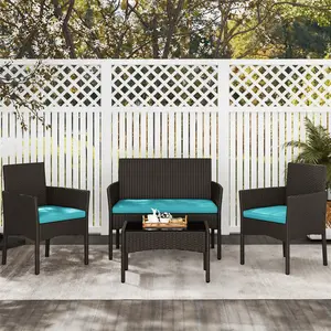 Costoffs 4-Piece Outdoor Reception Set with 1/2-Seat Sofa 2 Single-Seat Sofas & Coffee Table Patio Rattan Furniture Tempered Glass Top Cozy Garden Seating