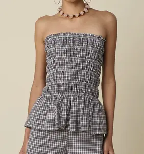 Brenda Gingham Smocked Strapless Top