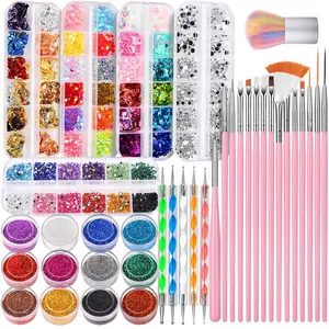 Nail Art Kit, Nail Art Brushes Set, Nail Design Kit Dotting Tools, Fine Nail Glitter, Nail Decoration Butterfly Heart Glitter Sequins, Foil Flakes, Nail Rhinestones, Dust Brush