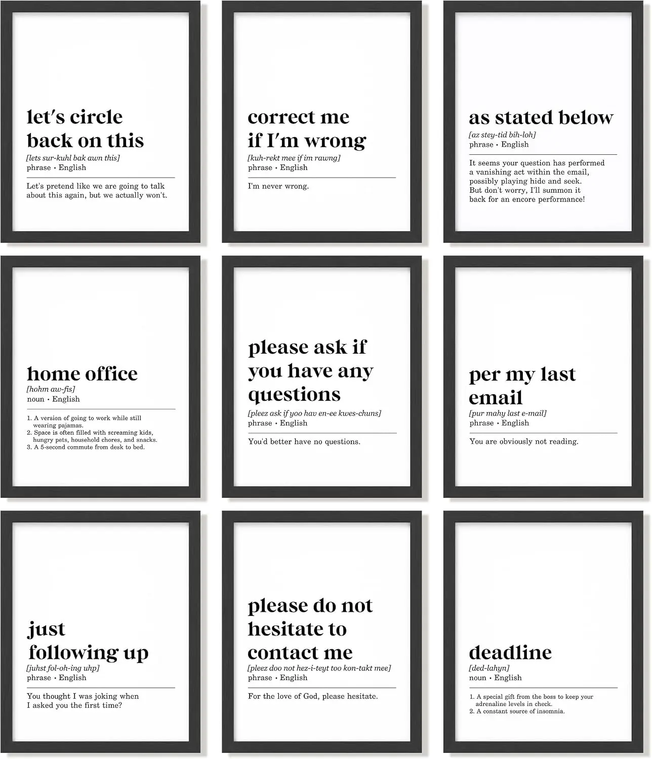97 Decor Funny Office Wall Art, 9 Motivational Quote Prints, 8X10 Unframed | Humorous Work Quotes, Cubicle and Home Office Decor, Cardstock Prints, Coworker Gift, Gallery Wall Set